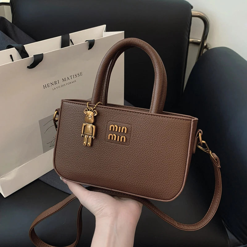 Aura Chic Brown PU Leather Crossbody Bag | Aesthetic Top Handle Handbag with Bear Charm