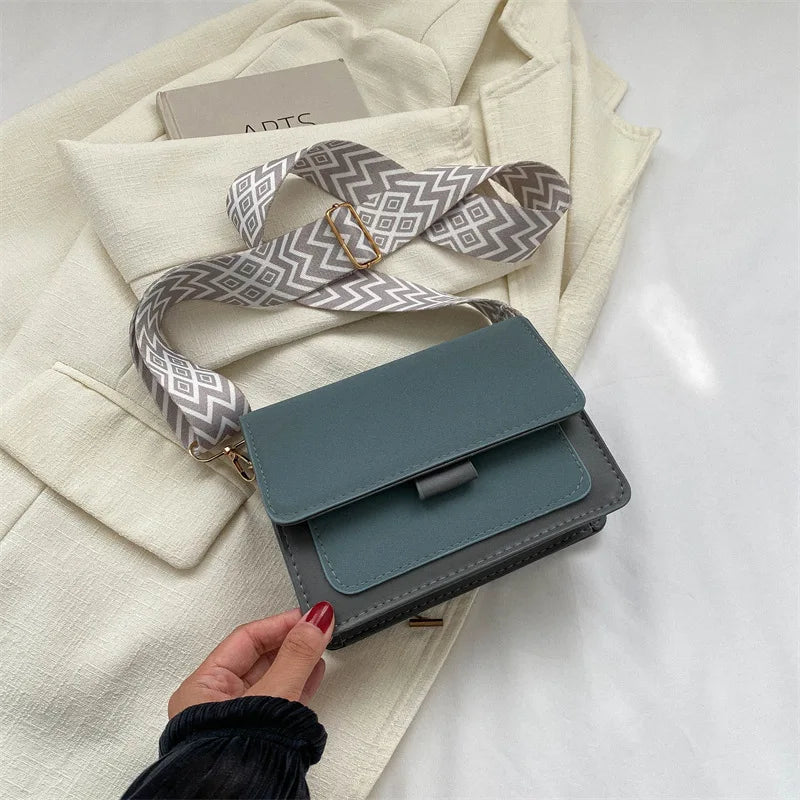 Modern Light Blue & Grey Flap Crossbody Bag with Wide Patterned Guitar Strap