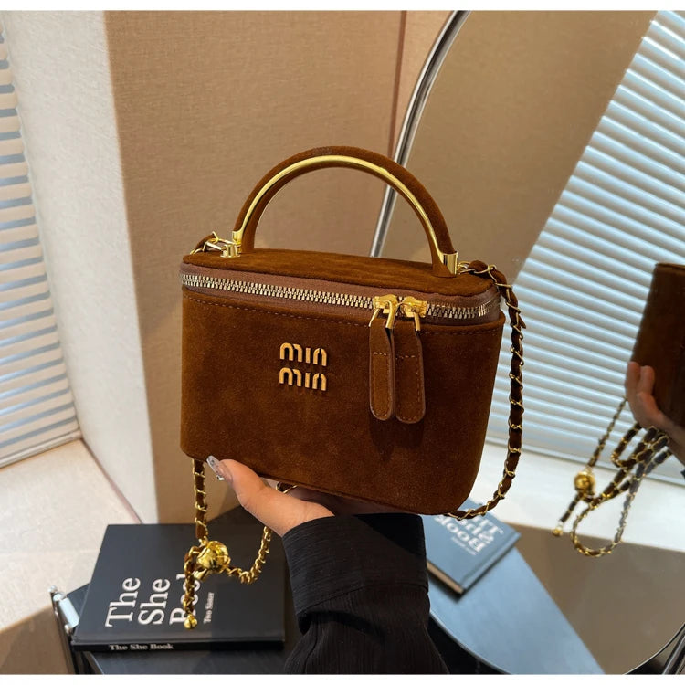Chic Suede Vanity Box Crossbody Bag with Top Handle and Chain Strap (Multiple Colors)