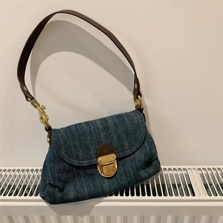 Trendy Blue Denim Flap Bag with Brass Lock Closure and Brown Strap
