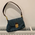 Trendy Blue Denim Flap Bag with Brass Lock Closure and Brown Strap