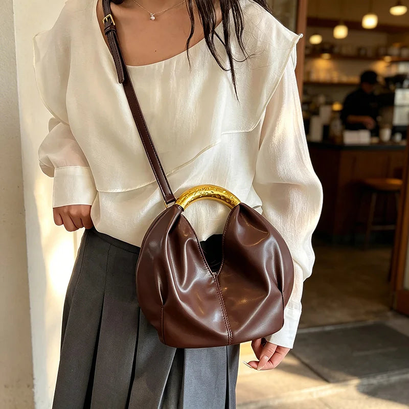 Aura Bags Elegant White Slouchy Handbag with Hammered Gold Metal Ring Handle