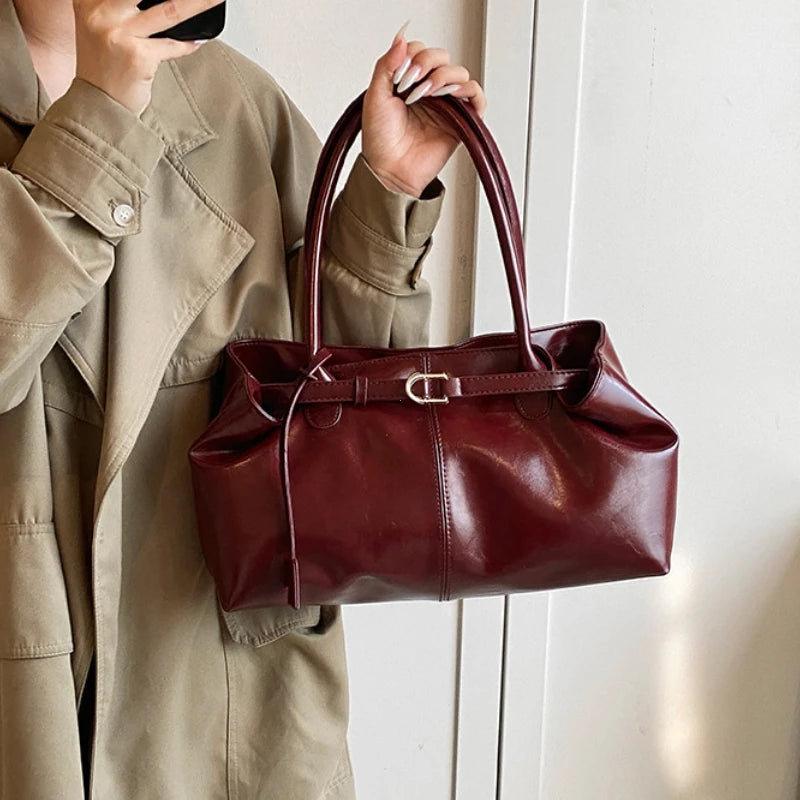 Vintage Dark Red Leather Tote Bag with Buckle Detail & Long Shoulder Straps