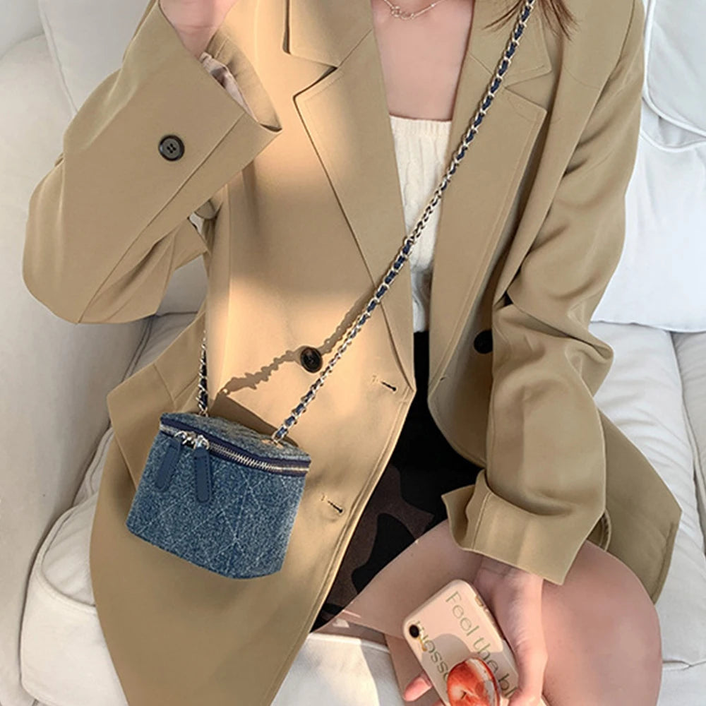 Chic Quilted Denim Mini Vanity Crossbody Bag – Cute Cylindrical Chain Shoulder Bag for Women