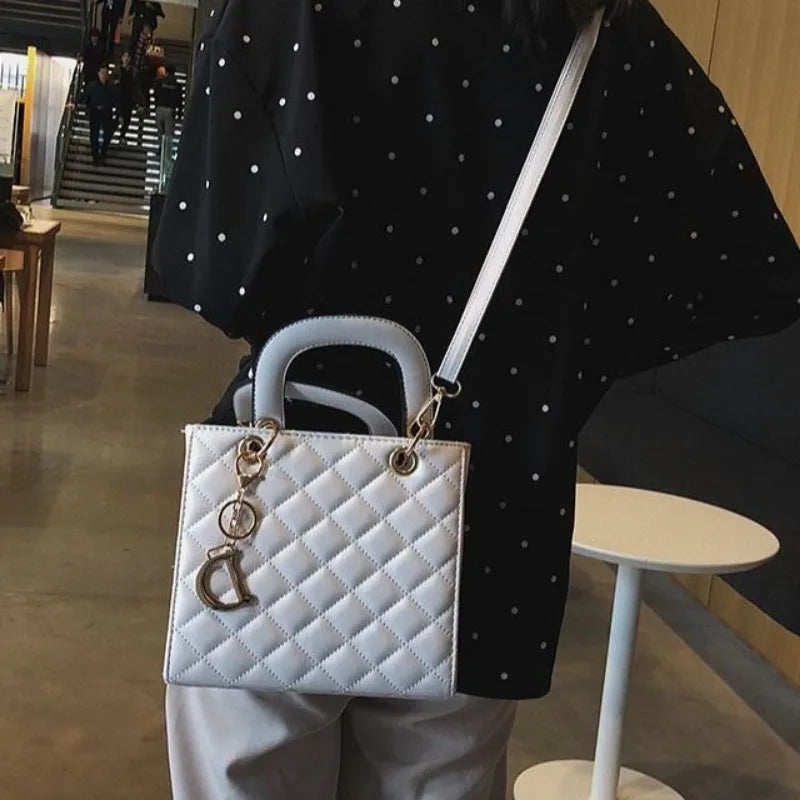 Chic Quilted Pattern Top Handle Handbag for Women | Elegant PU Leather Crossbody & Shoulder Bag with Charm