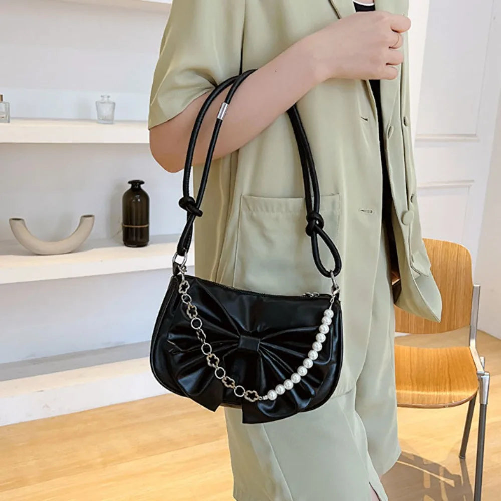 Coquette Bow-Knot Shoulder Bag with Pearl & Chain Detail