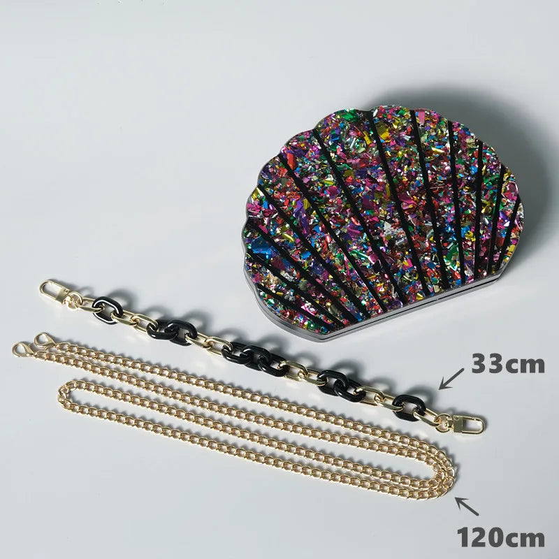 Vibrant Glitter Shell Acrylic Clutch Bag – Colorful Party Handbag with Interwoven Chain Strap