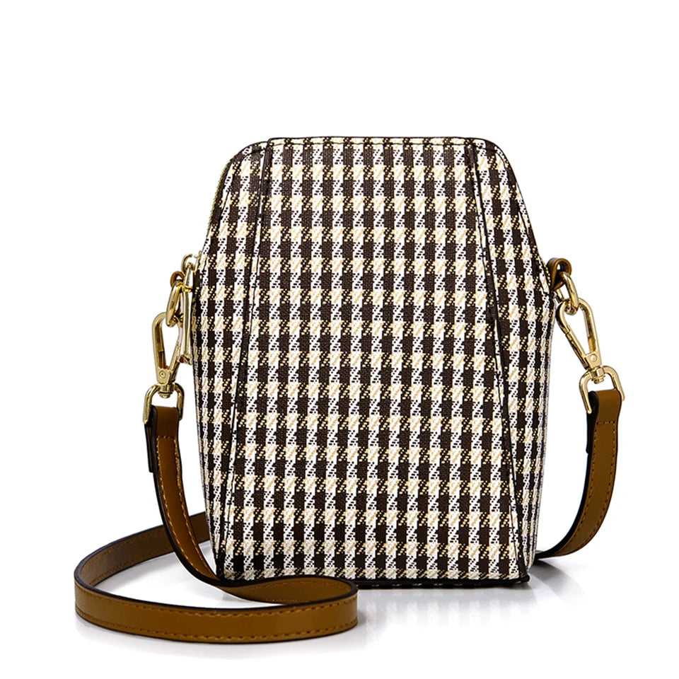 Classic Monogram Pattern Vertical Crossbody Bag with Contrast Brown Strap - Casual Daily Shoulder Handbag
