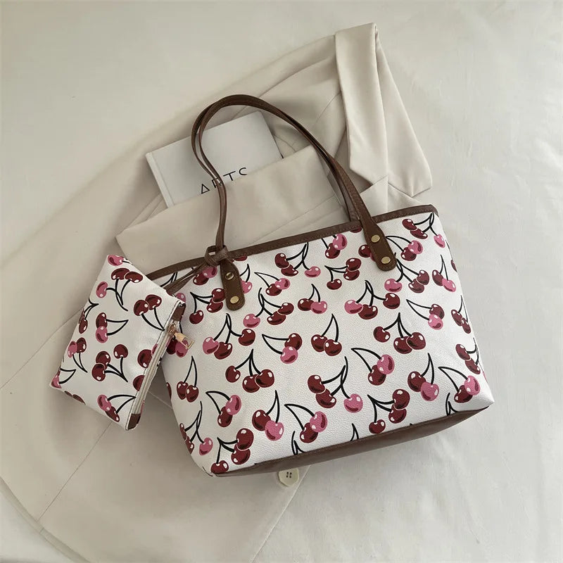 Chic Cherry Print Leather Tote Bag with Matching Pouch – Spacious Casual Shoulder Bag for Women
