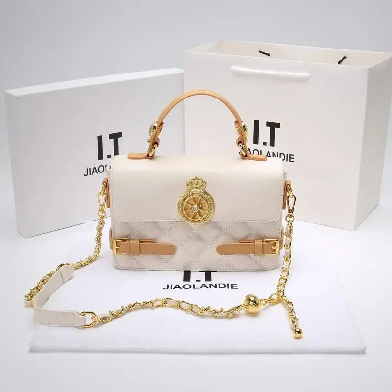 Elegant White and Tan Designer-Style Satchel with Gold Chain
