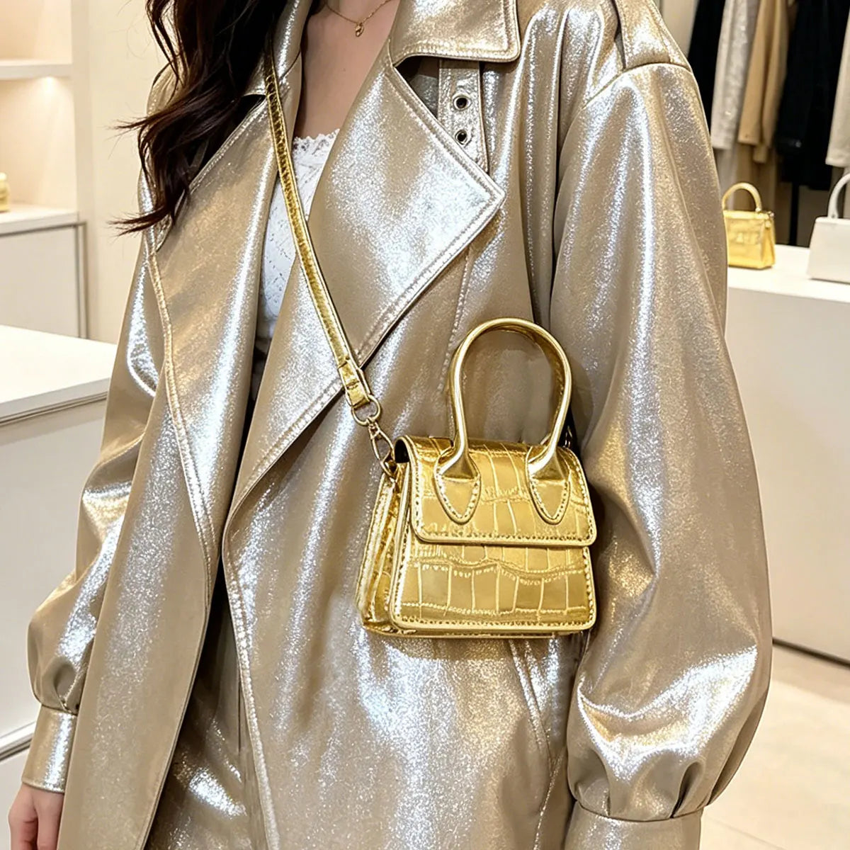 Metallic Gold Croc Pattern Micro Mini Bag | Cute Faux Leather Crossbody Phone Bag