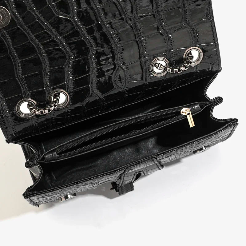 Aura Bags Luxury Crocodile Embossed Flap Shoulder Bag with Metallic Chain