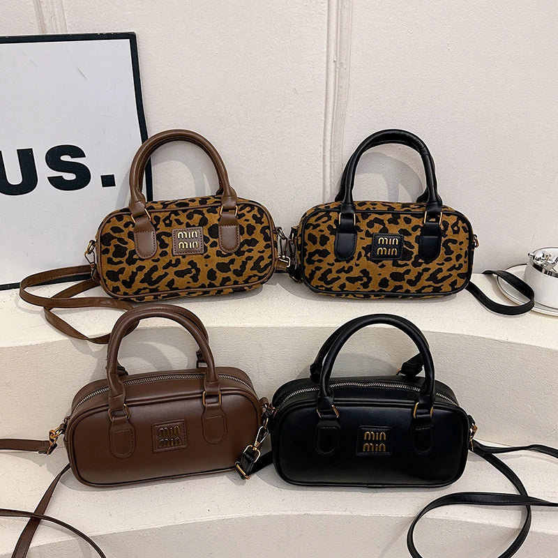 Chic Leopard Print & Solid PU Leather Bowling Crossbody Bag with Top Handle