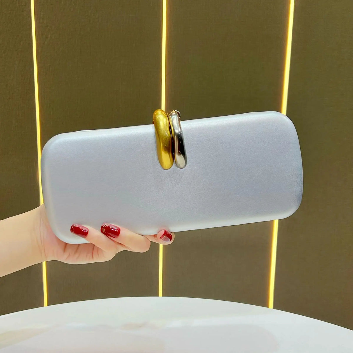 Aura Bags Elegant Rectangular Hard-Shell Clutch & Evening Bag with Gold-Silver Dual Ring Clasp