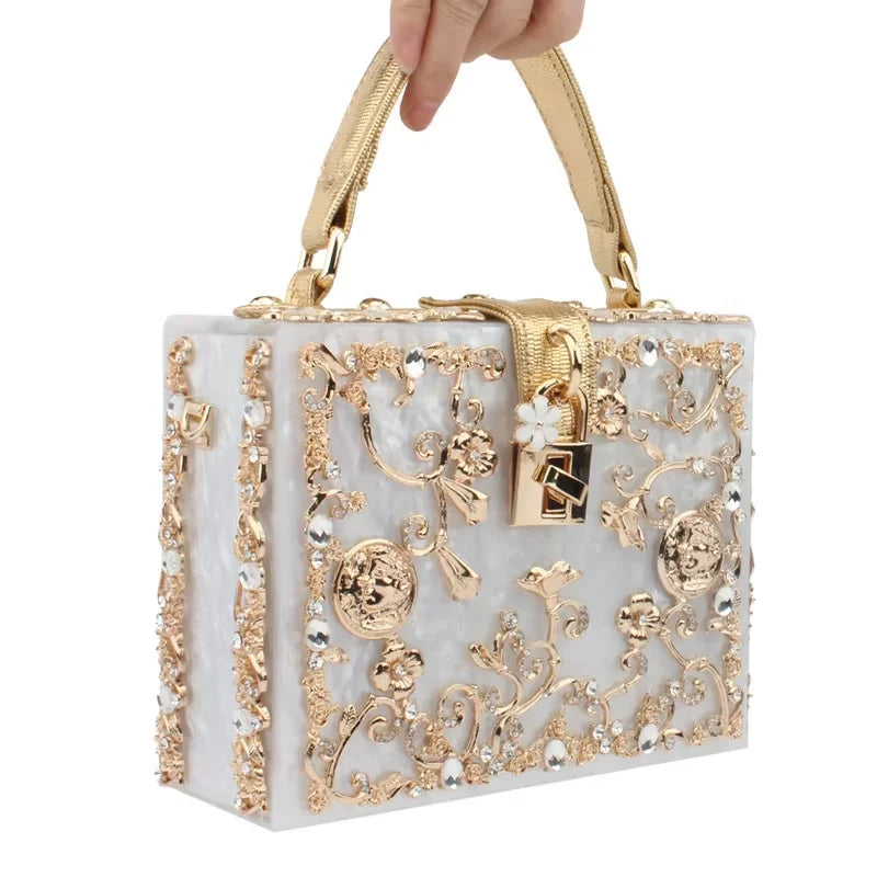 Luxury Blue & Gold Filigree Designer Party Wear Hard Case Clutch Bag