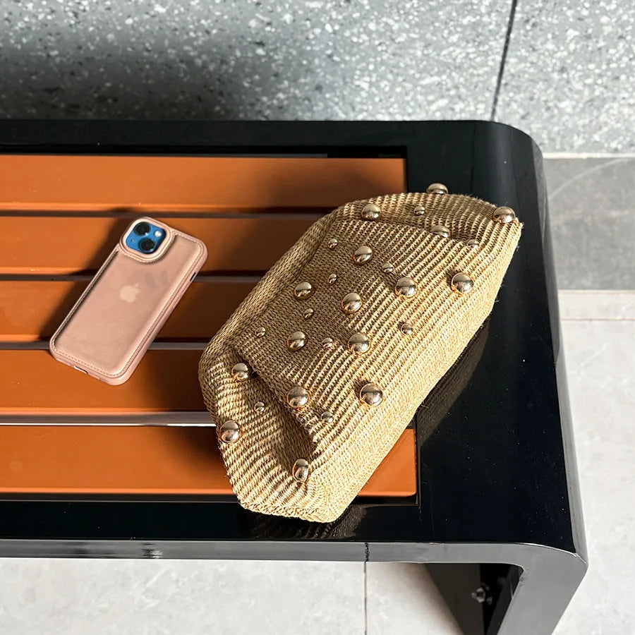 Chic Gold-Studded Woven Straw Clutch & Evening Pouch Bag
