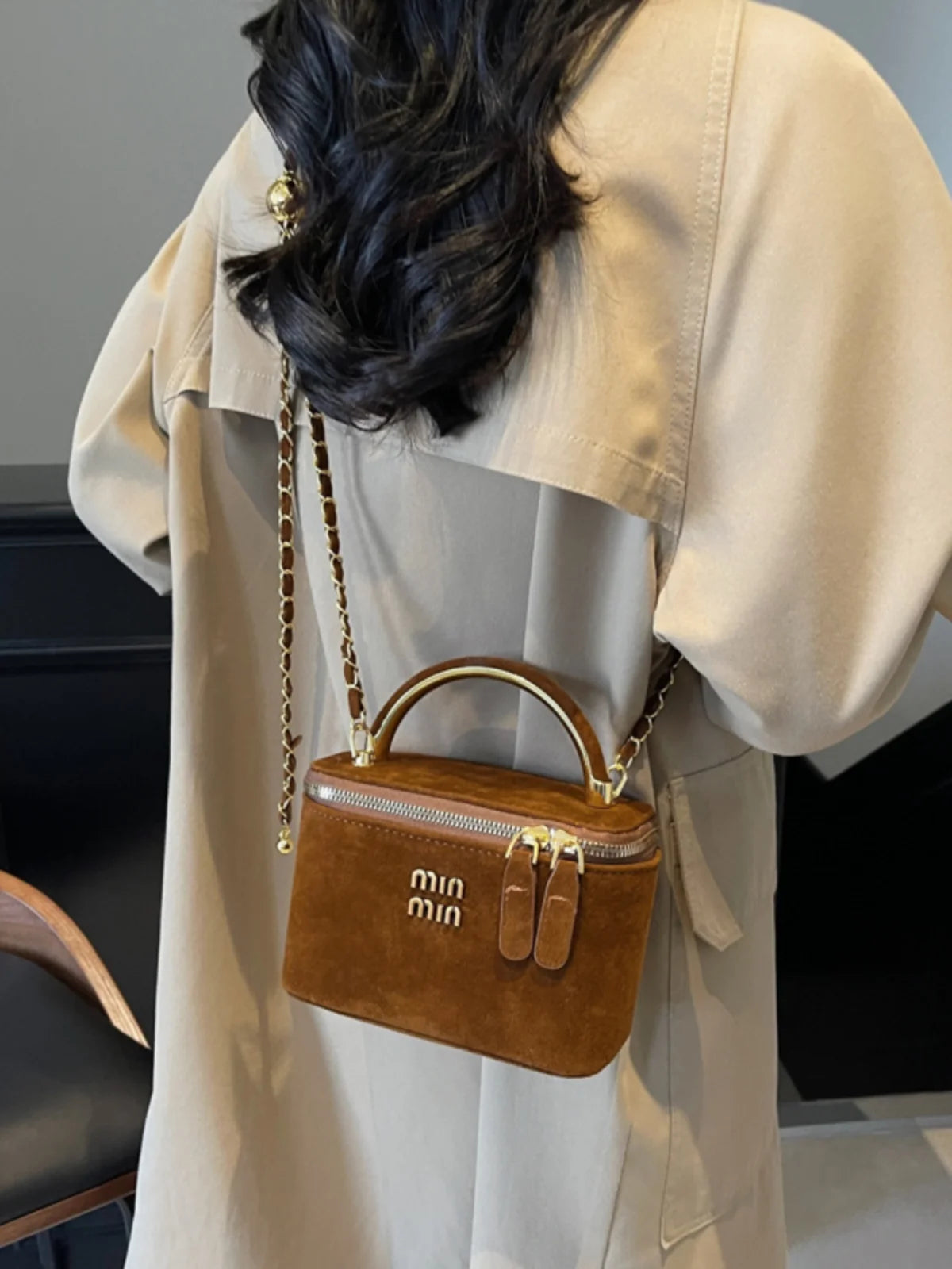 Chic Suede Vanity Box Crossbody Bag with Top Handle and Chain Strap (Multiple Colors)