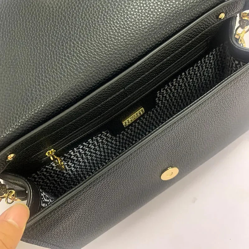 Elegant Textured Black Leather Shoulder Bag – Stylish Crossbody Clutch with Gold Hardware for Women