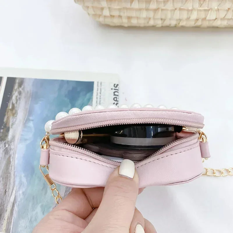 Cute Quilted Heart-Shaped Mini Handbag with Pearl Handle
