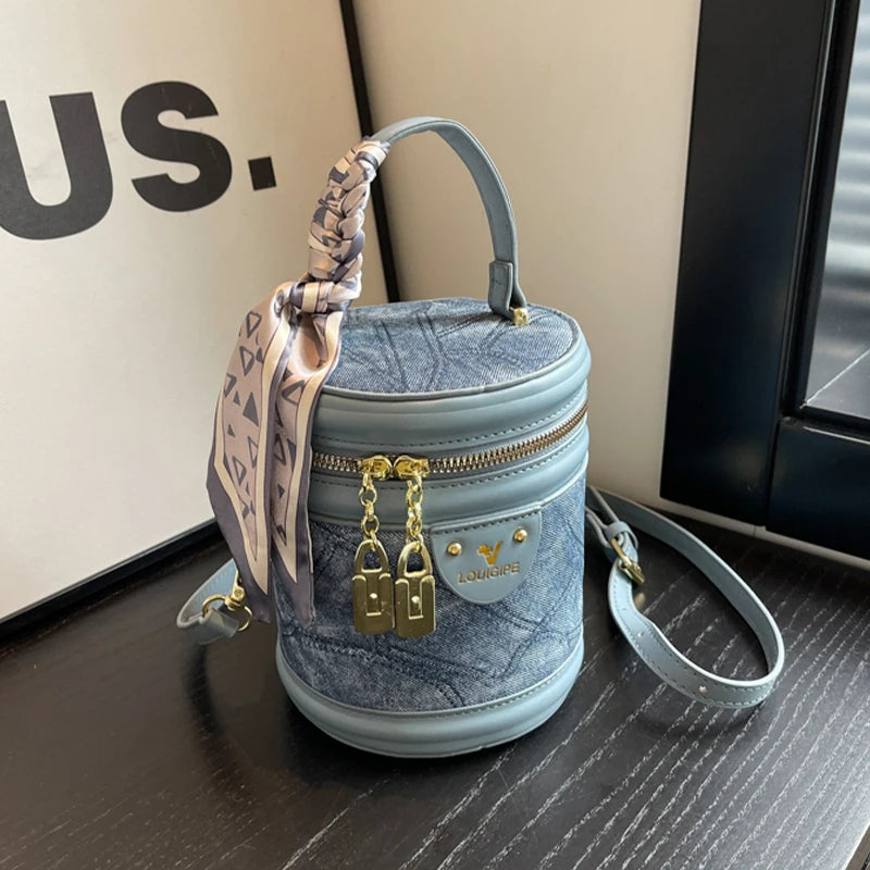 Trendy Round Bucket Crossbody Bag with Top Handle & Scarf Detail