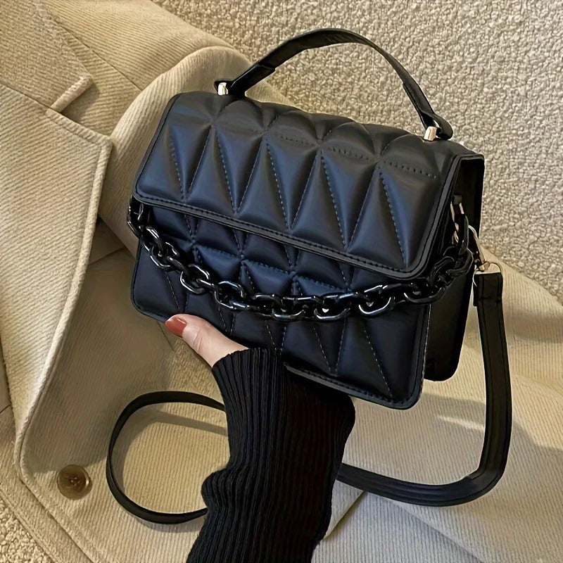 Metallic Silver Quilted Crossbody Bag with Chain Detail