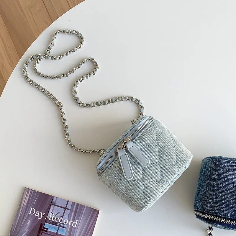 Chic Quilted Denim Mini Vanity Crossbody Bag – Cute Cylindrical Chain Shoulder Bag for Women