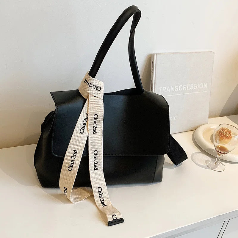 Casual PU Leather Large Capacity Shoulder Tote | Trendy Letter Strap Handbag