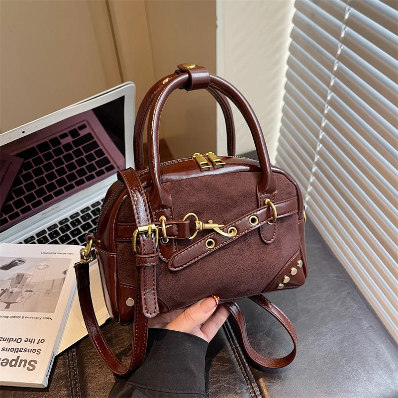 Dark Academia Chic Buckled Handbag with Gold Hardware