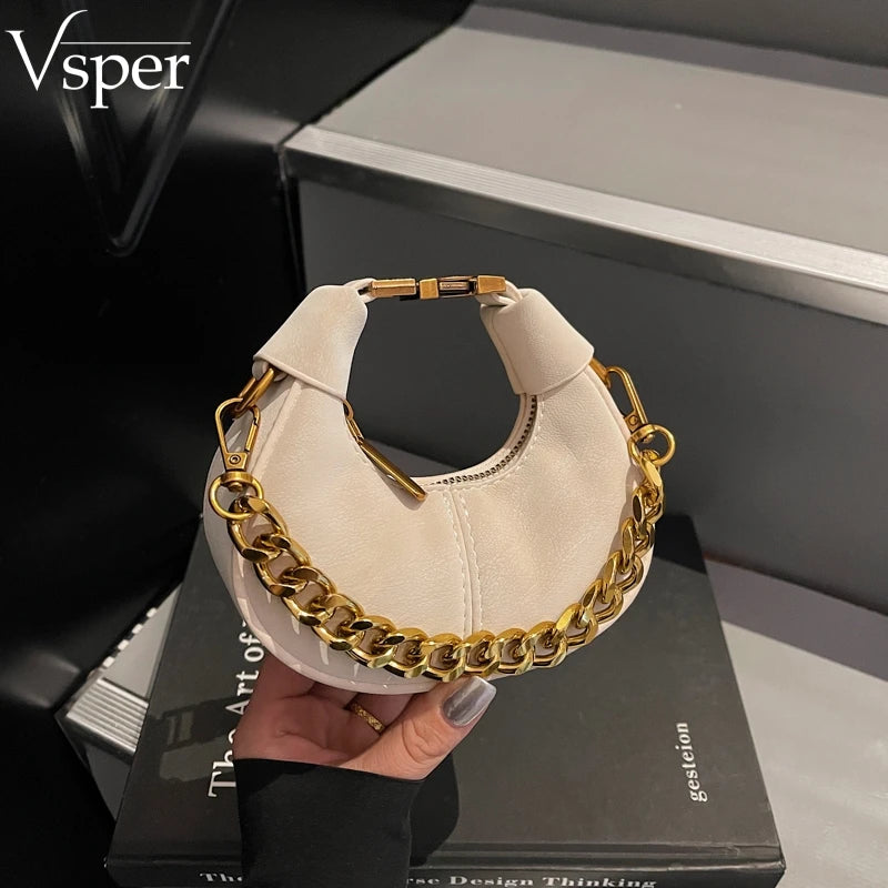 Mini Crescent Dumpling Bag with Chunky Gold Chain Handle
