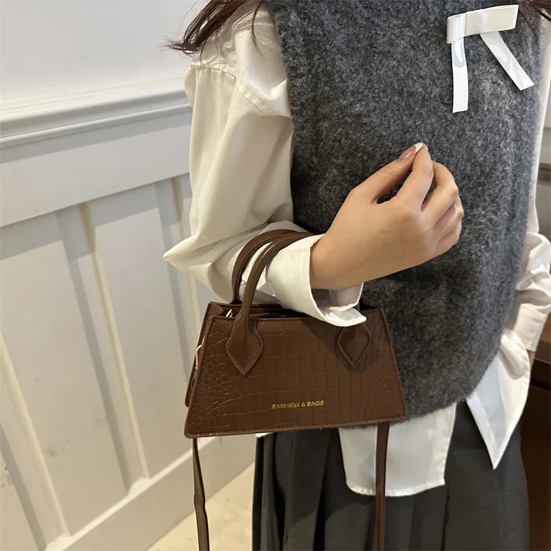 Elegant Retro Crocodile Pattern Top-Handle Satchel with Letter Print