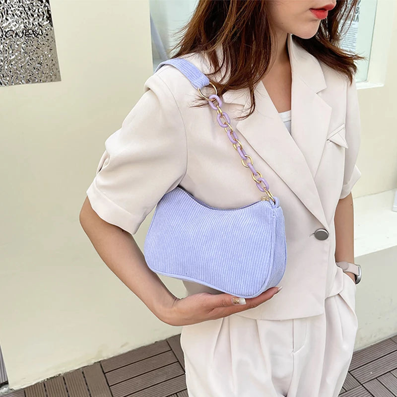 Aesthetic Corduroy Underarm Baguette Bag with Pastel Chain Accent | Soft Girl Y2K Shoulder Purse ✨