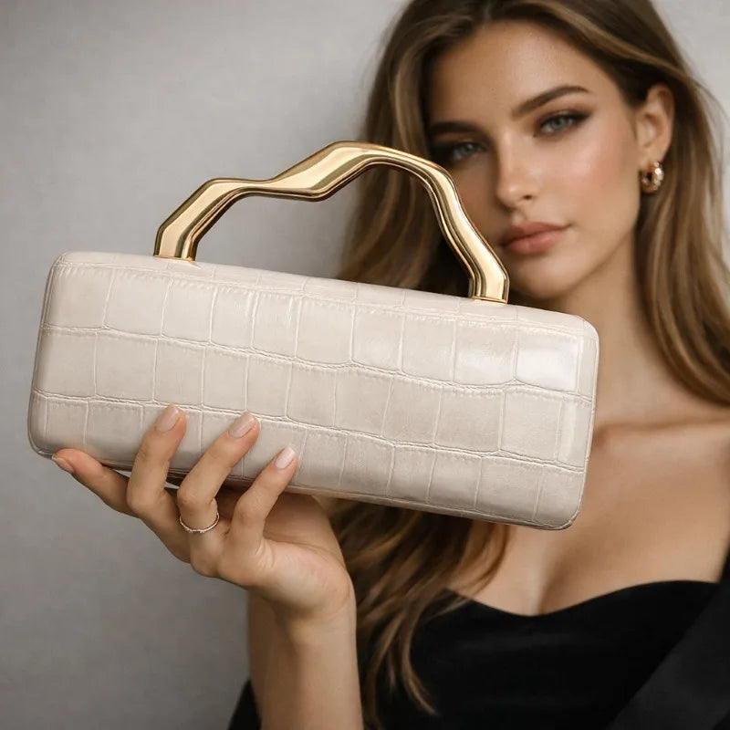 Luxurious Crocodile Texture Evening Clutch Bag for Women | Elegant Gold Metal Handle Party Purse & Crossbody