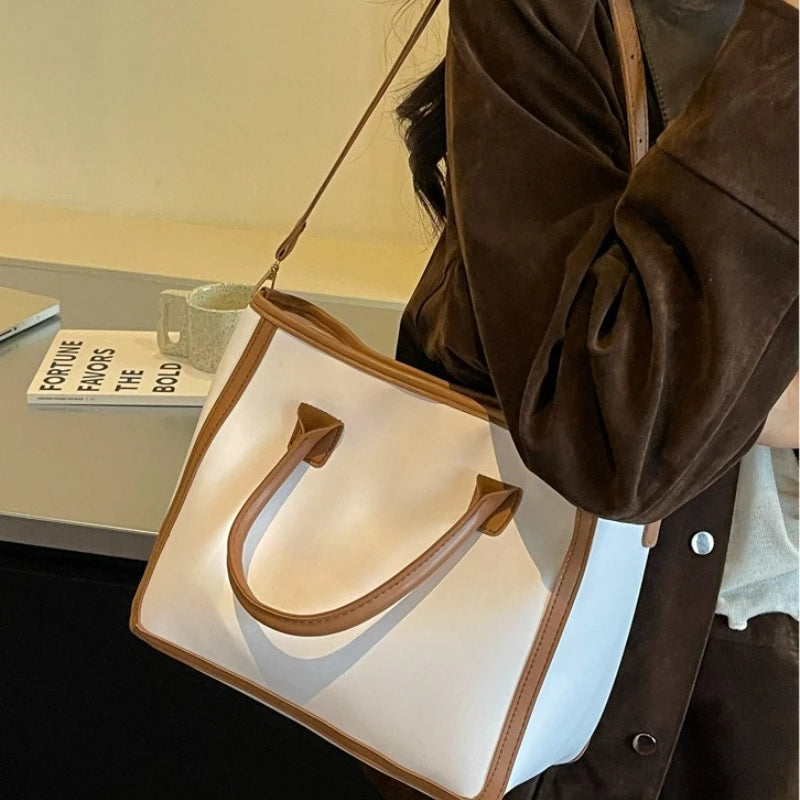 Two-Tone PU Leather Tote Bag with Adjustable Strap & Top Handles