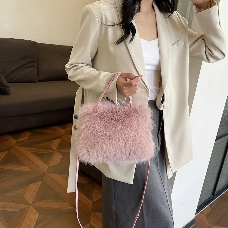 Fluffy Faux Fur Shoulder Bag with Pearl Chain & Crossbody Strap