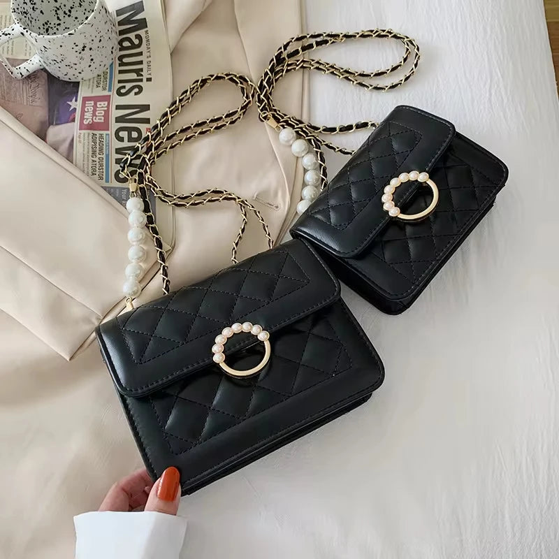 Elegant Quilted Leather Shoulder Bag with Pearl Accent & Chain Strap - Chic Party Crossbody Handbag