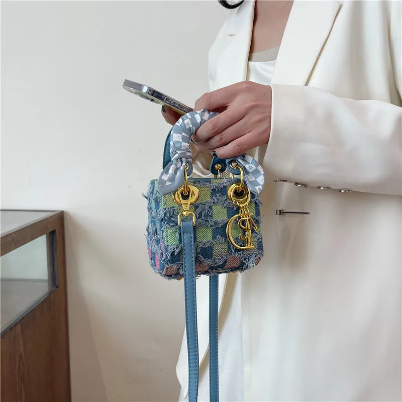 Chic Tweed Mini Crossbody Bag with Scarf Handle & Gold Charm - Stylish Women's Small Handbag
