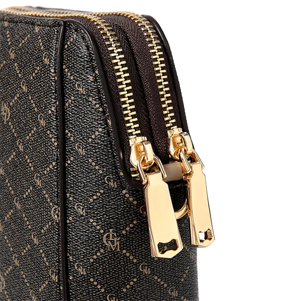 Classic Monogram Pattern Vertical Crossbody Bag with Contrast Brown Strap - Casual Daily Shoulder Handbag