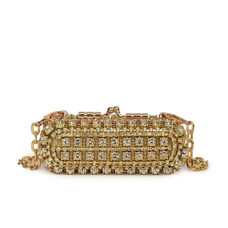 Sparkling Crystal Embellished Mini Cylinder Clutch | Party Wear Gold Handbag with Chain
