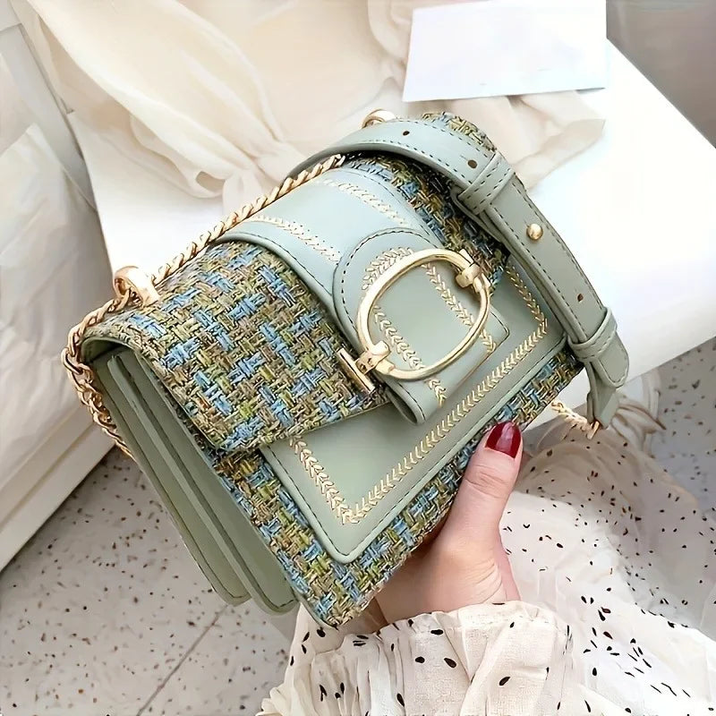 Chic Tweed & PU Leather Flap Crossbody Bag with Gold-Tone Hardware