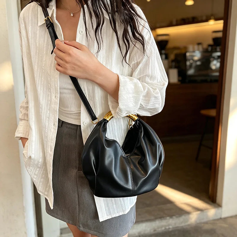Aura Bags Elegant White Slouchy Handbag with Hammered Gold Metal Ring Handle