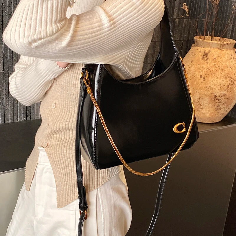 : Women’s Vintage Leather Hobo Bag – Retro Wine Red Underarm Bag & Shoulder Purse with Gold Chain Accent