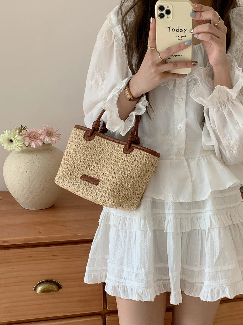 Summer Beach Casual Straw Basket Small Tote Bag