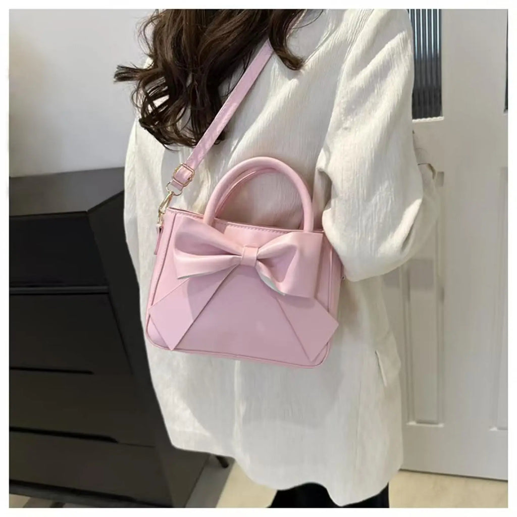 Chic Bow-Accent PU Leather Top-Handle Crossbody Bag | Cute Aesthetic Shoulder Bag