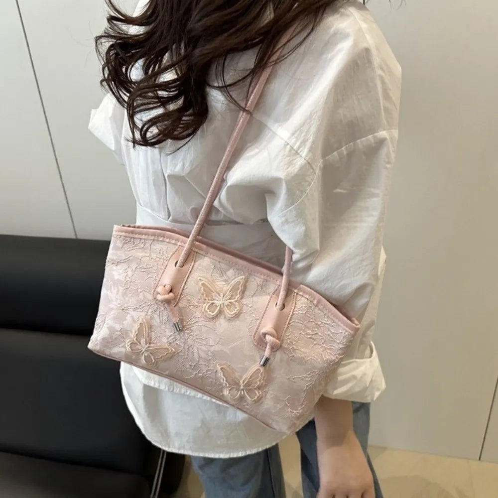 Elegant White Lace & Embroidery Butterfly Tote Bag – Chic Women's Handbag with Knot Straps