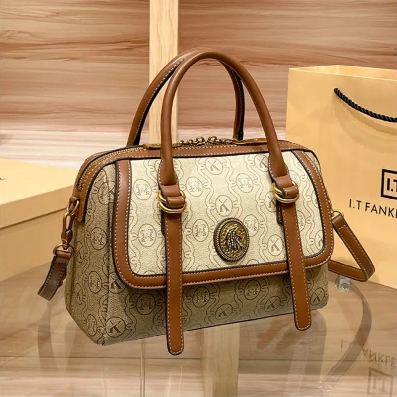 Premium Monogram Boston Handbag - Vintage Canvas Crossbody & Top-Handle Bag for Women