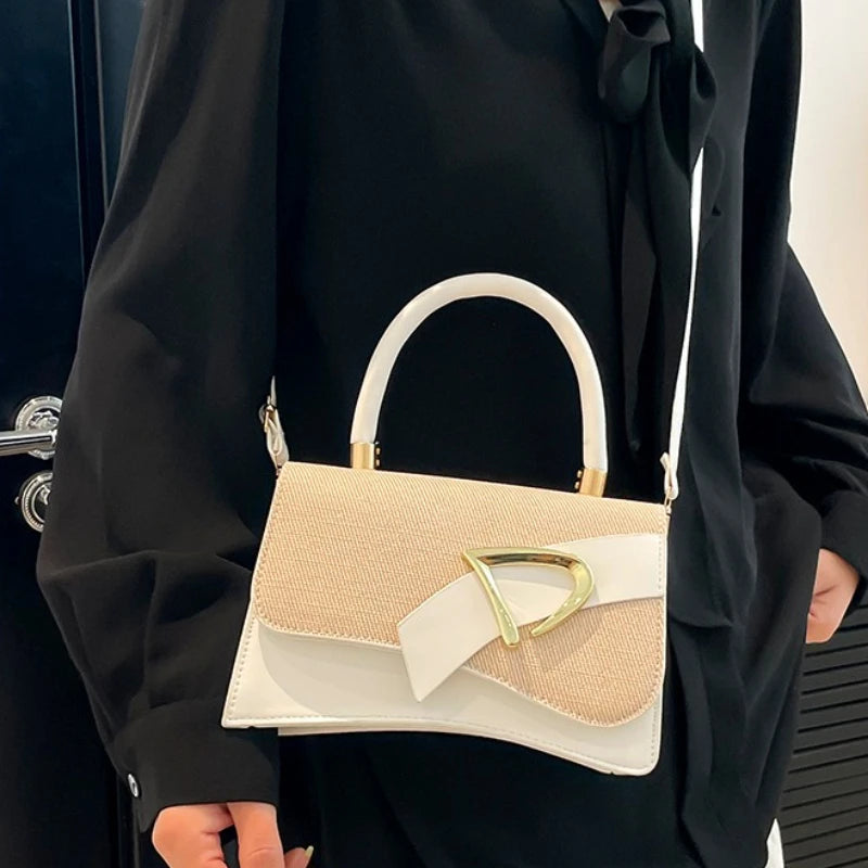 Modern Curved PU Leather & Straw Handbag