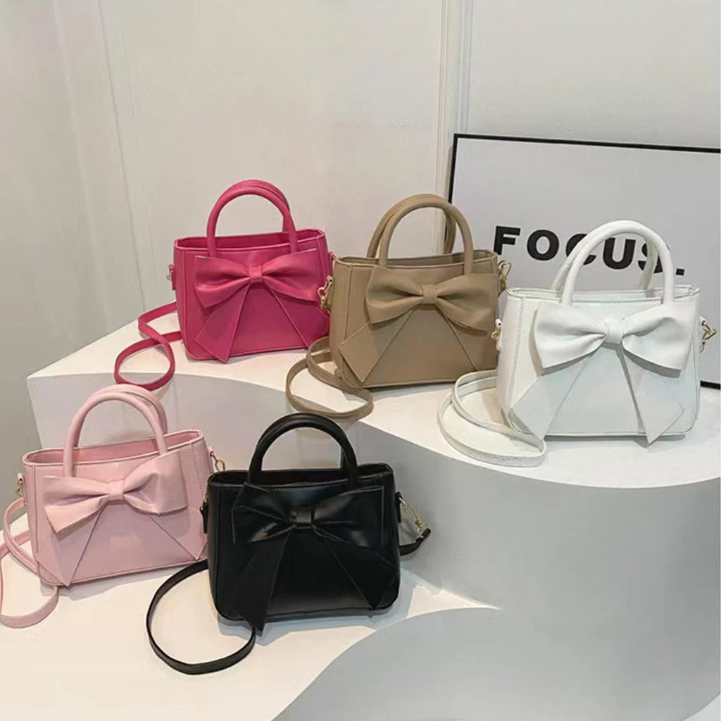 Chic Bow-Accent PU Leather Top-Handle Crossbody Bag | Cute Aesthetic Shoulder Bag