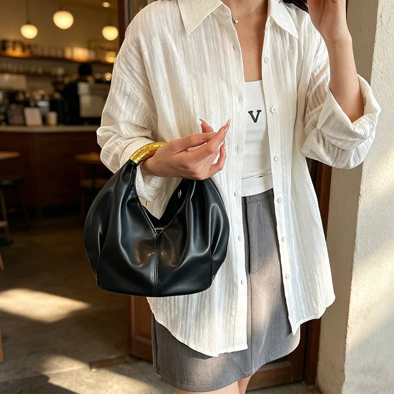 Aura Bags Elegant White Slouchy Handbag with Hammered Gold Metal Ring Handle