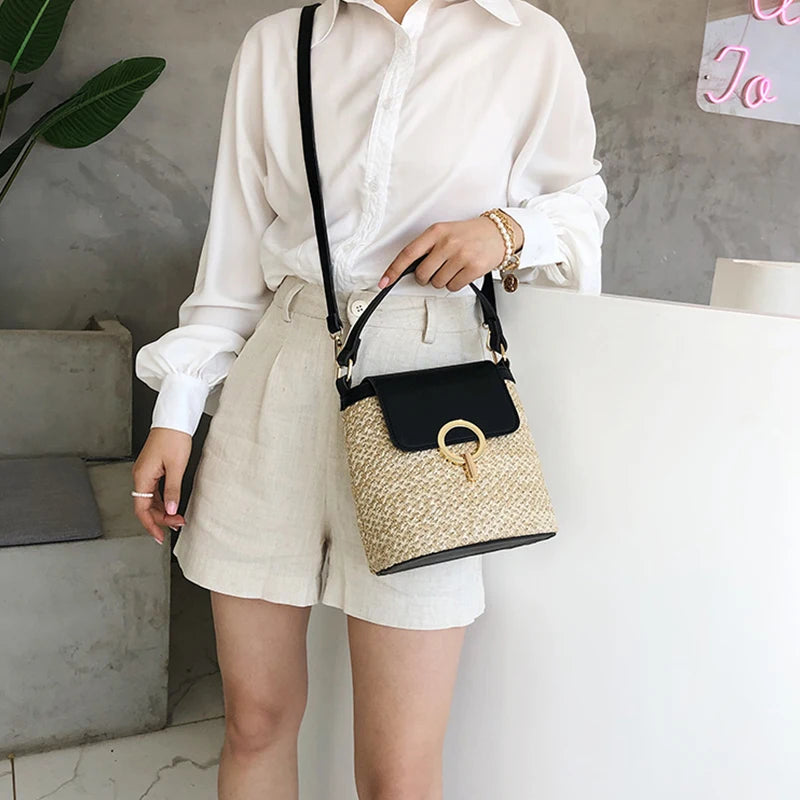 Boho Chic Straw & Leather Bucket Bag | Woven Top-Handle Crossbody Beach Bag