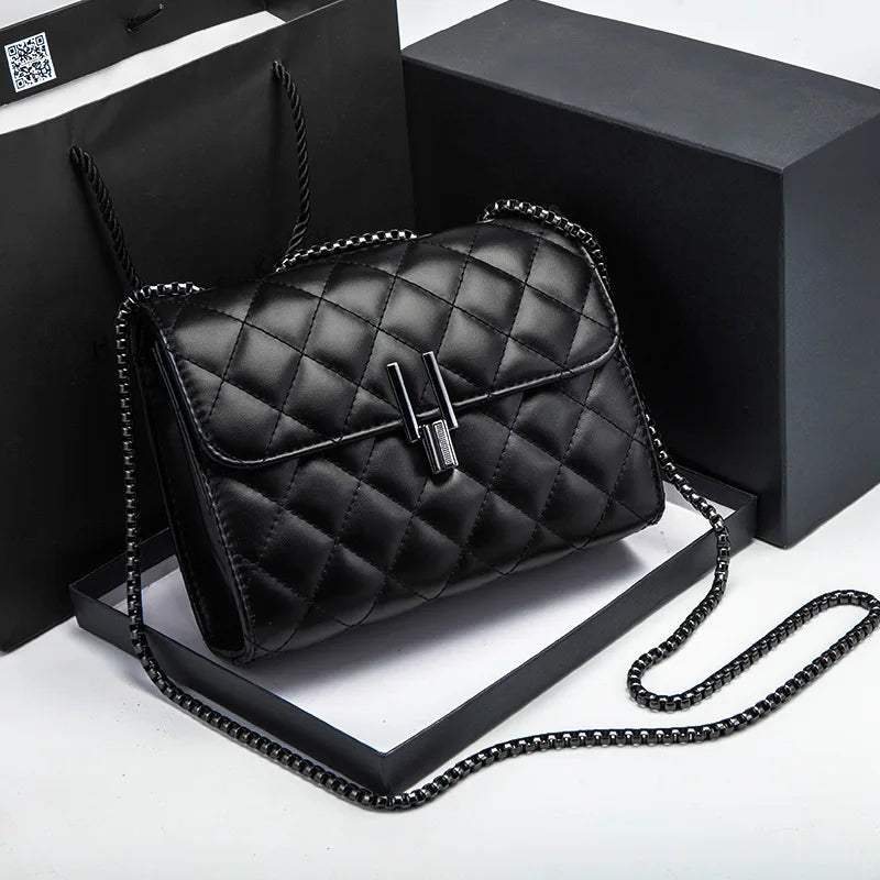 Luxurious Designer-Inspired Quilted Black PU Leather Shoulder Bag Featuring Sleek Gunmetal Chain Strap and Modern Metallic Lock Closure for Women